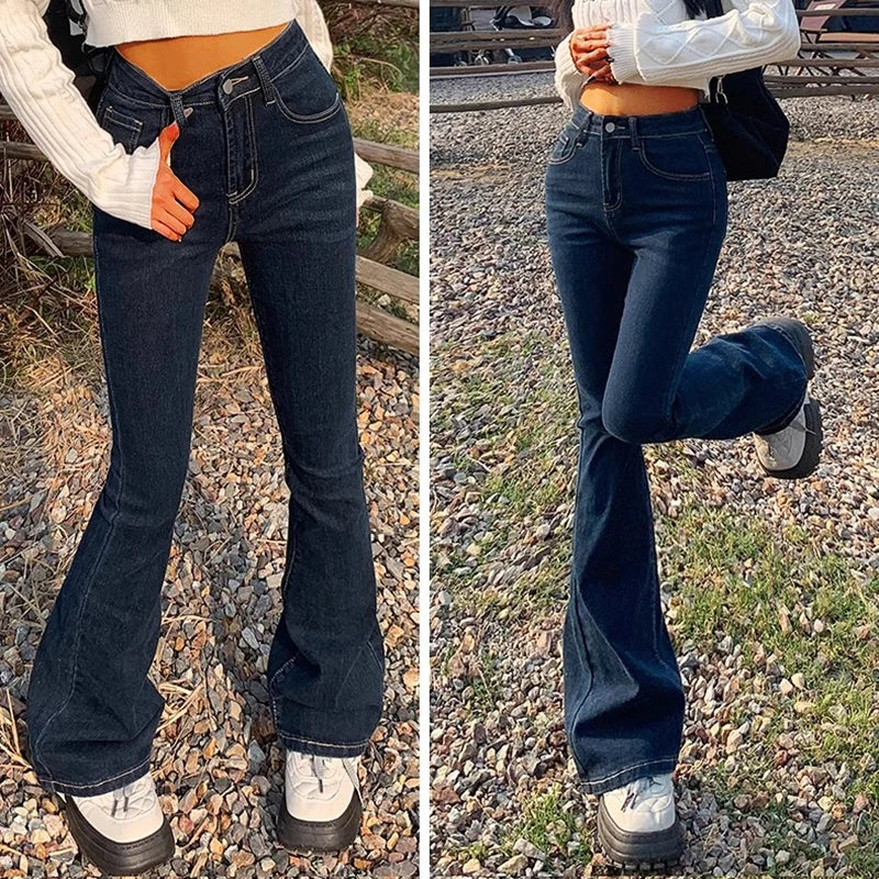 Elastic High Waist Bell Bottom Jeans High Street Designer Flare Pants Lady Blue Black Gothic Denim Trousers