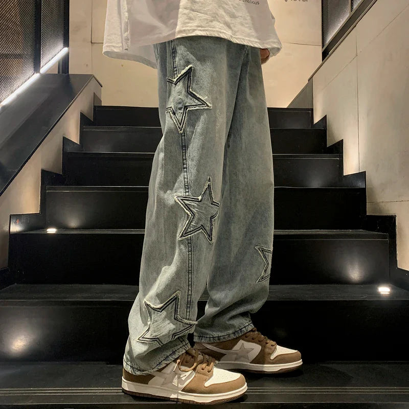 Star Embroidery Straight Casual Jeans Gothic Neutral Wide Leg Loose Hip-hop Youth Streetwear Denim Trousers Y2K