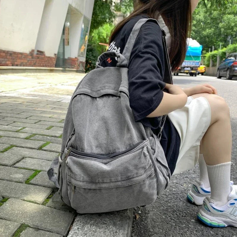 Gray Denim Backpack Leisure Travel Outing Shoulder Bag Schoolbags Suitable