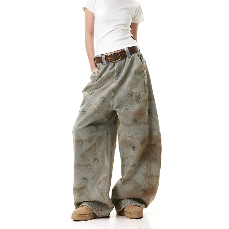 Graffiti Blue Jeans Y2K Vintage High Waisted Jeans Straight Streetwear Loose Large Wide Leg Denim Pants