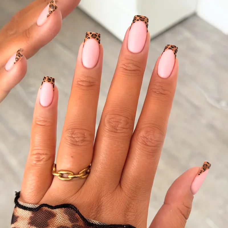 24Pcs Long Coffin Leopard Print False Nails with Glue Sweet Cool Diamond Fake Nail Set Floral French Press on Wearable Nail Tips