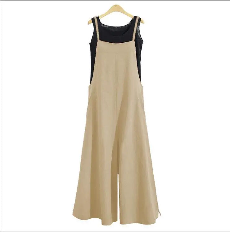 Straps Jumpsuit Solid Color Wide Leg Pants Dungaree Bib Overalls Casual Loose Sleeveless Cotton Linen Jumpsuits 5Xl