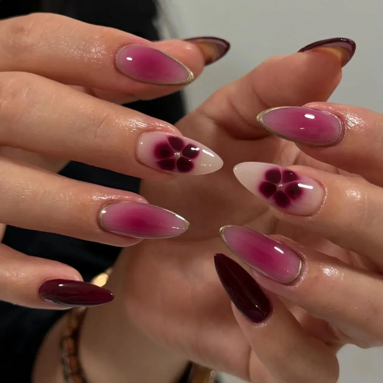 Pink Yellow Halo Dyeing Flower Water Ripple False Nails Leopard Long Pointed Fake Nails Art Press on Nails Charm Manicure