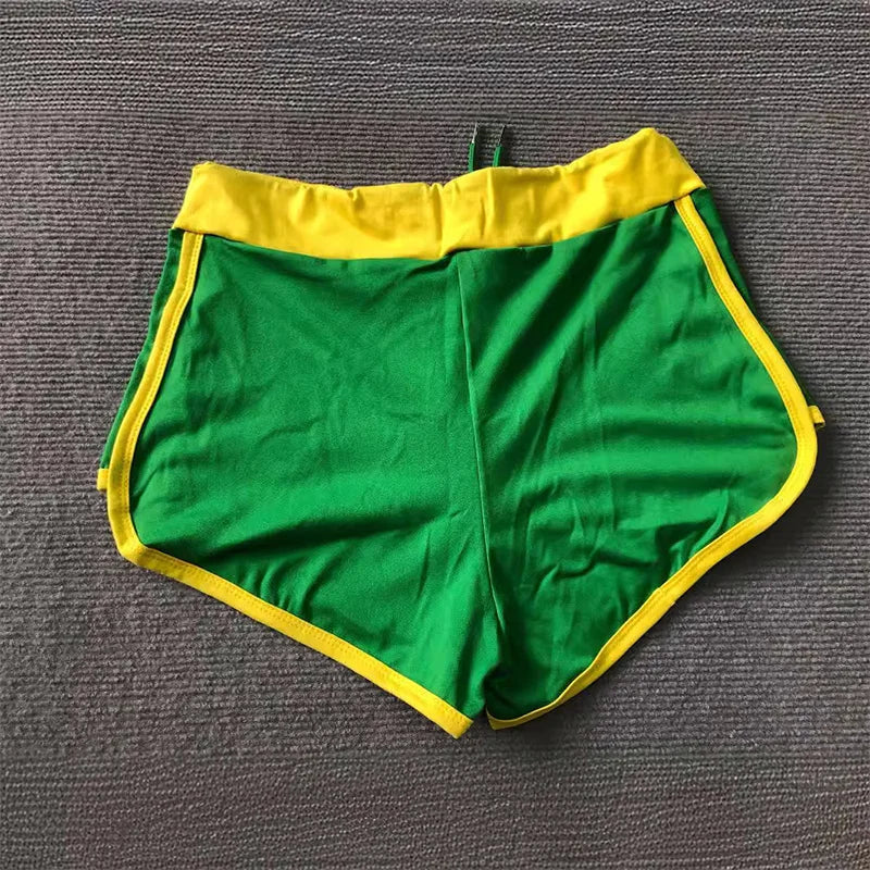 Green Shorts Brazil Pattern Embroidery Beach Shorts Drawstring Elastic Waist plus size shorts