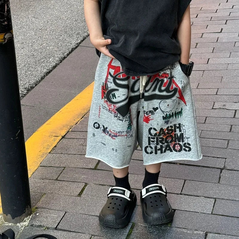 Korean Edition Boys' Trendy Cool Versatile Graffiti Casual Sports Pants Children's Stylish Shorts Trendy