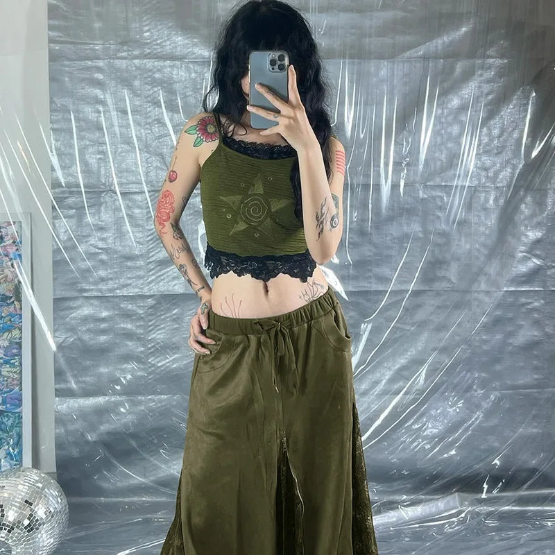 Vintage Suede Nap Lace Patchwork Hem Zip Long Skirt Cyber Y2K Chic Drawstring Pocket A-line Skirts Lady Grunge Streetwear