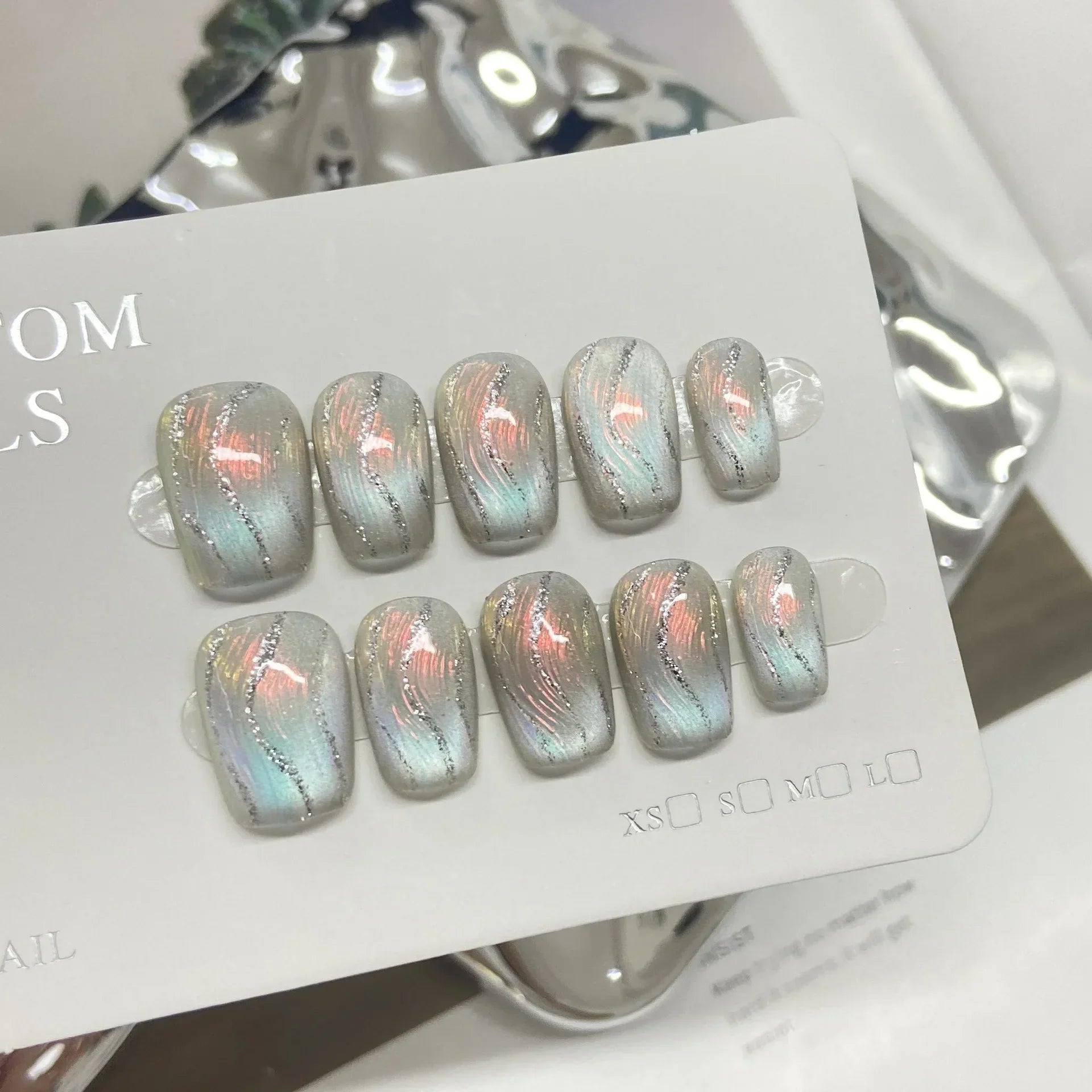 Beauty Colorful Short Square Round Detachable Manicure Kawaii Cat Eyes Glitter Sequins Rhinestone Handmade Full Cover Nail Tips