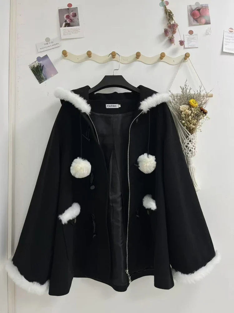 Black Cape Coat Loose Hooded Zipper Overcoat Elegant Casual Gothic Christmas Shawl Clothes