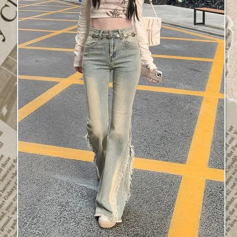 Vintage Blue Jeans High Waist American Retro 90s Raw Material Edge Design Y2k Denim Pants Streetwear Wide Leg Jeans