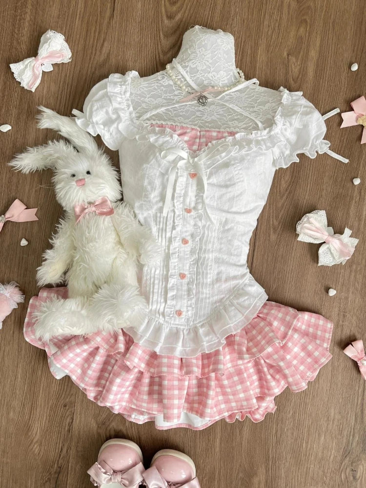 Japanese Kawaii Lolita Elegant 2 Piece Sets Pink Y2k Bow Design Mini Skirt Suit Princess Sweet Chic Outfits