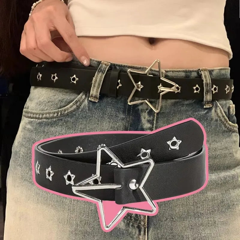 Y2K Punk Star Eyelet Black Rivet Belt Goth Pu Leather Belts