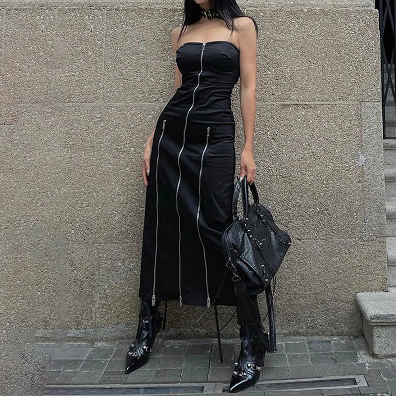 Goth Dark Techwear Zip Up Midi Dresses Cyber Y2k Mall Gothic Split Tube Dress Partywear Punk Off Shoulder Outfits