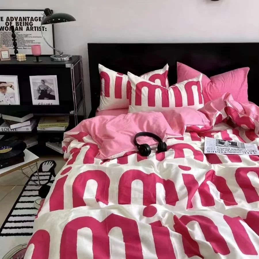 INS Nordic Pink Letter Bedding Set Four Pieces Quilt Cover Girls Single Twin Full Queen Size Duvet Cover Set