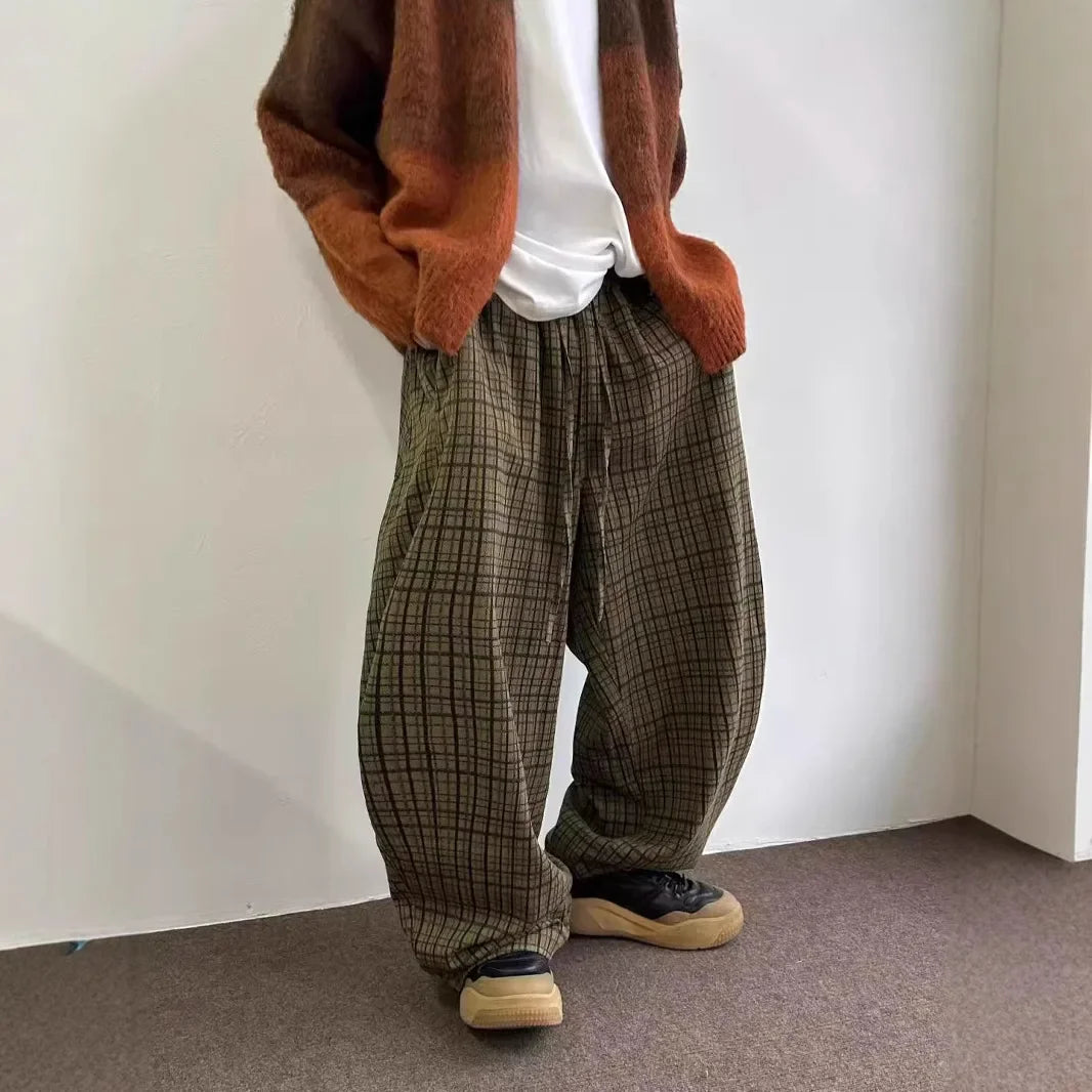 Loose Wide Leg Casual Pants Vintage Japanese Style Plaid Loose Trousers Drapey Floor-Length