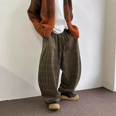 Loose Wide Leg Casual Pants Vintage Japanese Style Plaid Loose Trousers Drapey Floor-Length