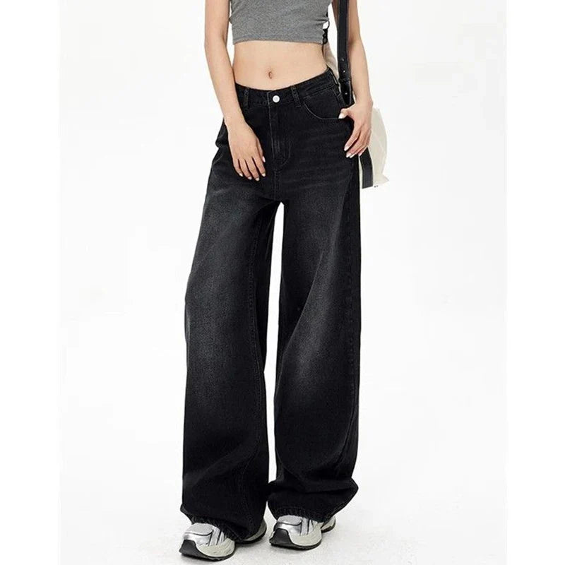 Lady Retro Black Gray High Waist Jeans Straight Leg Denim Trousers Girls Loose Fit Thin Casual Pants