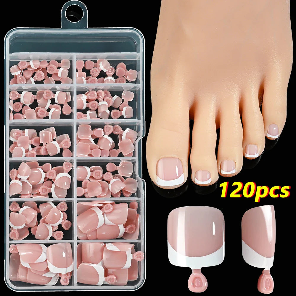 120Pcs Pink French Short Square Fake Nails 12-Sizes Full Cover Press On Nails Wearable Detachable Finished False Fingertips *TD