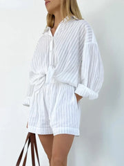 Wolfeel Casual Shorts Sets Striped Jacquard 2 Pieces Cozy Lapel Lantern Sleeve Shirt Outfit Elastic Waist Shorts Suits