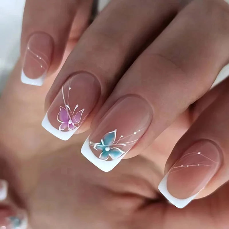 24Pcs Long Coffin Leopard Print False Nails with Glue Sweet Cool Diamond Fake Nail Set Floral French Press on Wearable Nail Tips