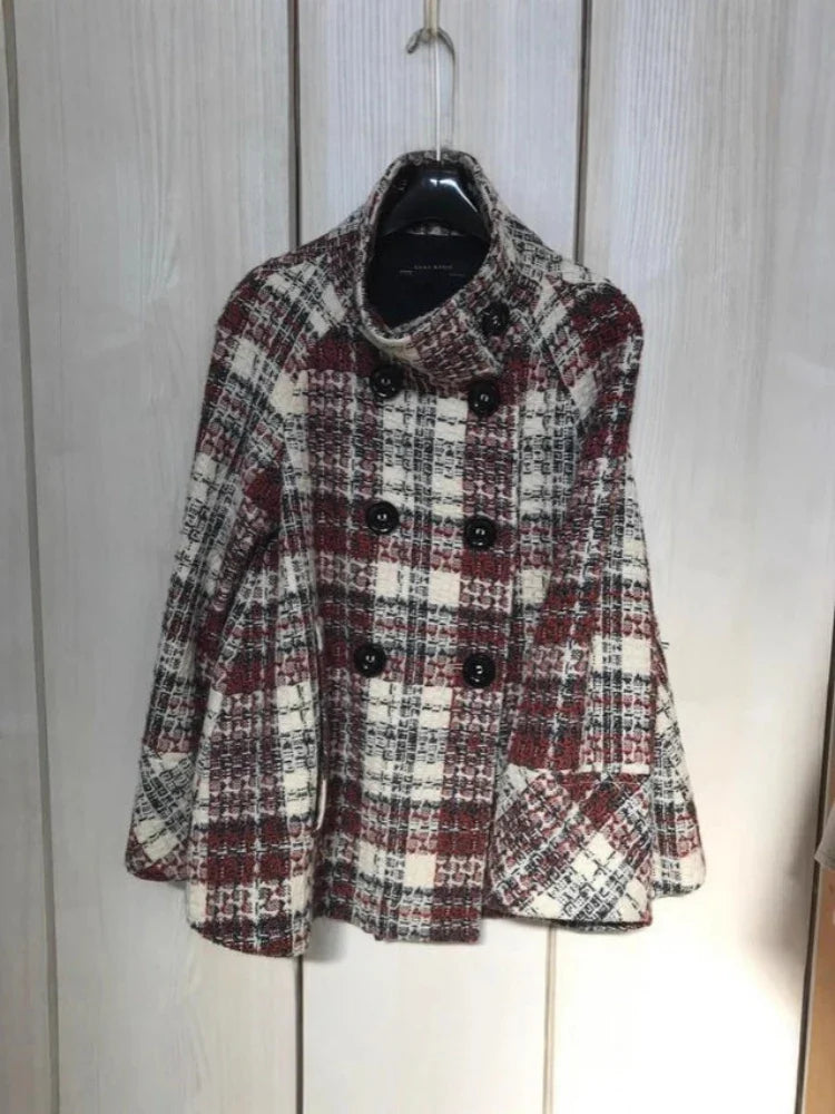 Warm Checkered Turtleneck Shoulder Straight Coat Double Breasted Full Sleeve Middle Long Coat Lady Chic Coat