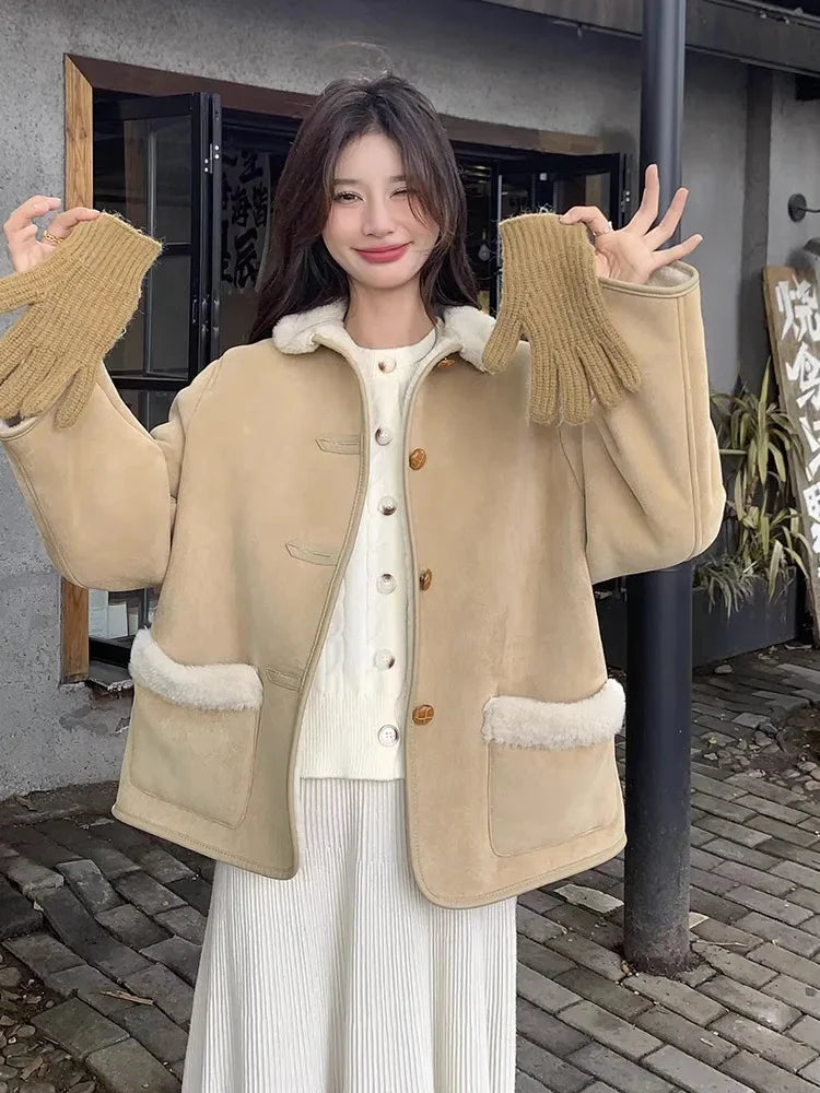 Retro Korean Style Cotton Jacket Lamb Fur Unique Beautiful Short Size Milk Series Cotton Coat