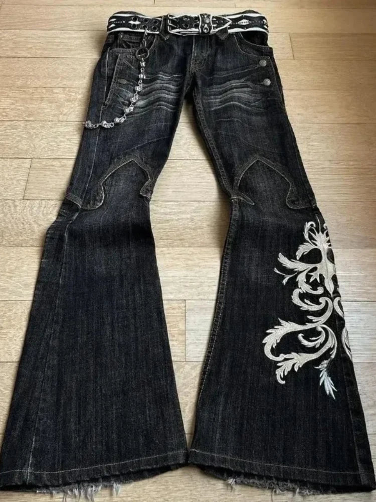 American Retro Flared Jeans Harajuku Wide Leg Y2k Gothic Vintage Embroidery Denim Pants Baggy Hip Hop Streetwear