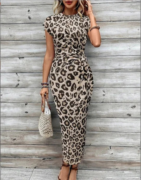 Elegant Waist Tie Striped Round Neck Short Sleeves Long Dress High-End Feel Clothing Skirt