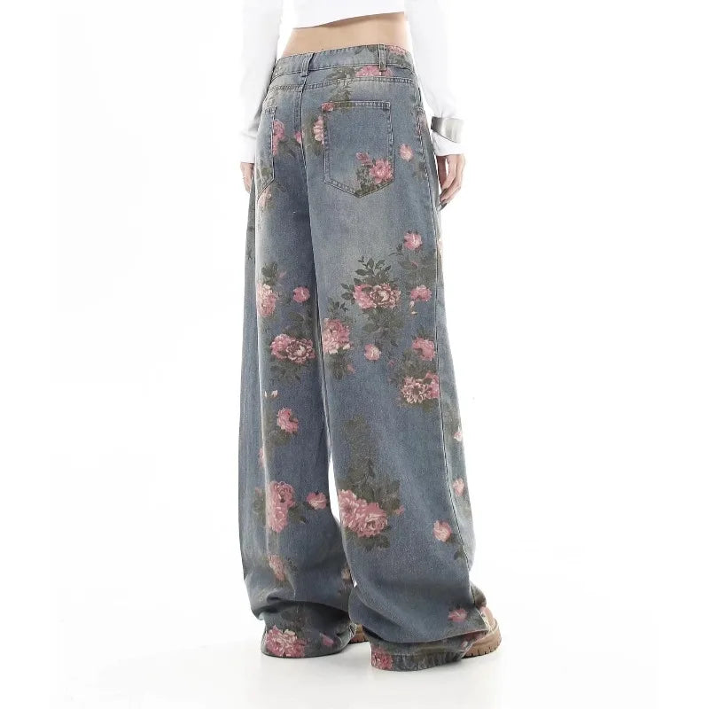 Blue Flower Baggy Jeans Y2K Japanese Harajuku High Street High Waist Wide Leg Retro Jeans Clothing