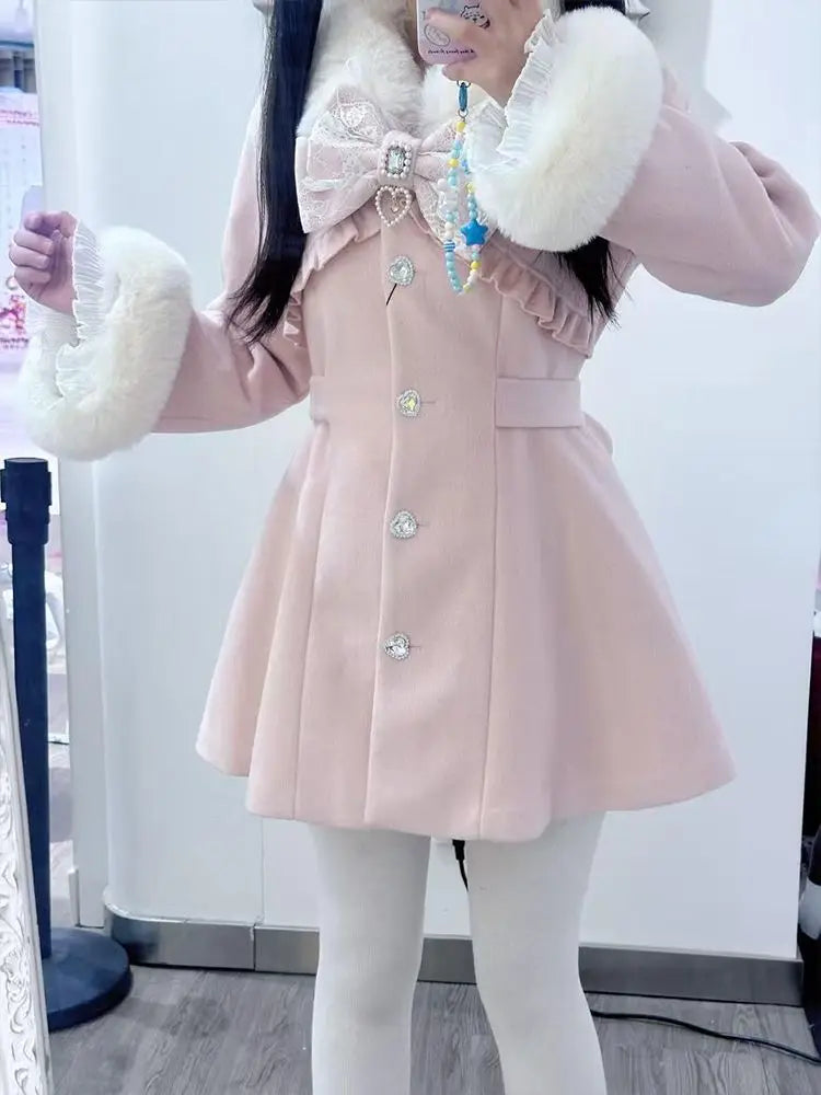 Design Elegant Pink Slim Woolen Cloth Coat Kawaii Sweet Warm Fur Collar Bow Lace Patchwork Casual Overcoat