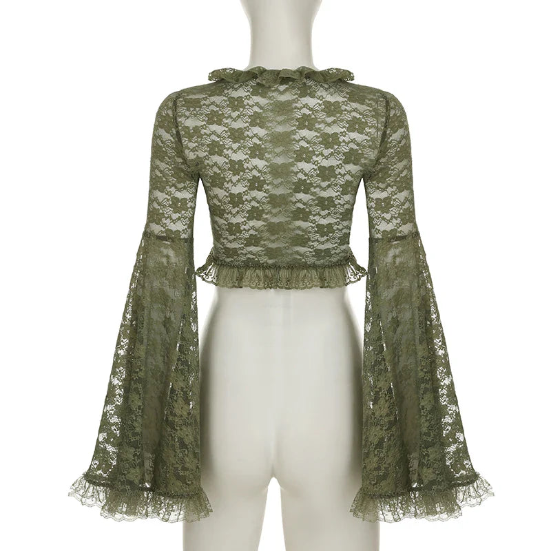 Green Y2K Mori Girl Flared Sleeve Cardigan
