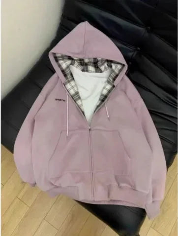Grid Splicing Hooded Sweatshirt Loose Versatile Zipper Cardigan Jacket Long Sleeved Versatile Coat Top