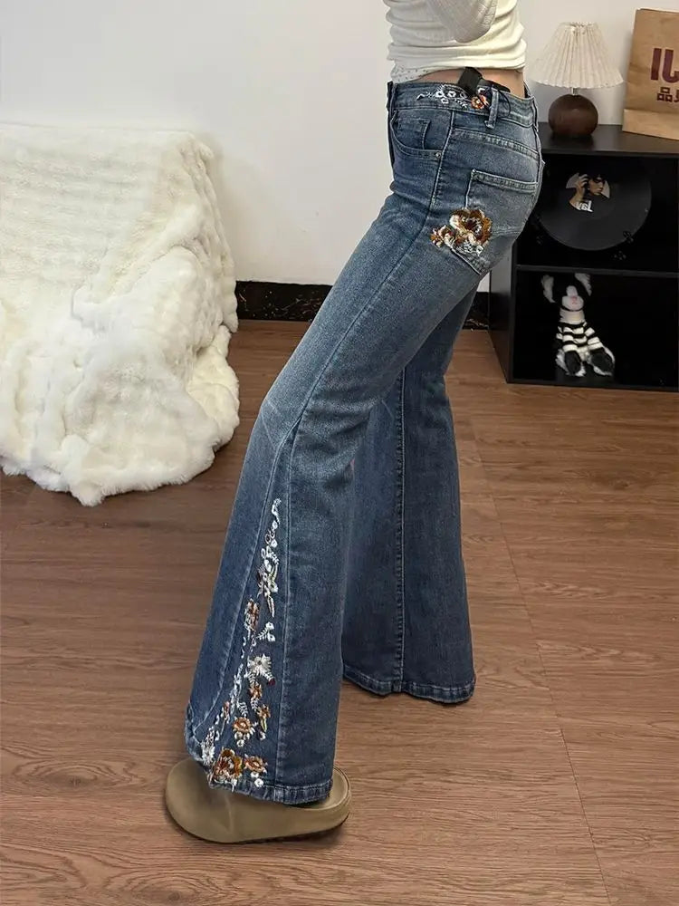 American Large Size Heavy Industry Flower Embroidery Pattern Flared Jeans Mid-Rise Slim Retro Harajuku Floor-Mopping Pants