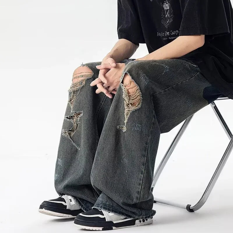 American Retro Ripped Wide-leg Jeans