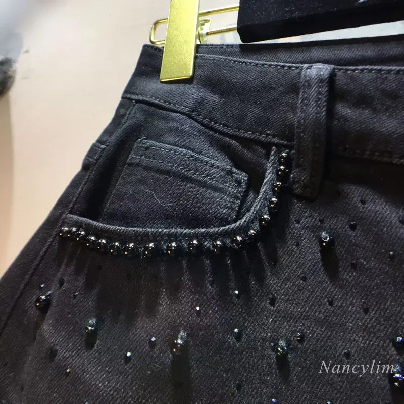 European Hollow Lace Jeans Black Lace Denim Pants Heavy Industry Beads Diamond Denim Splicing Crochet