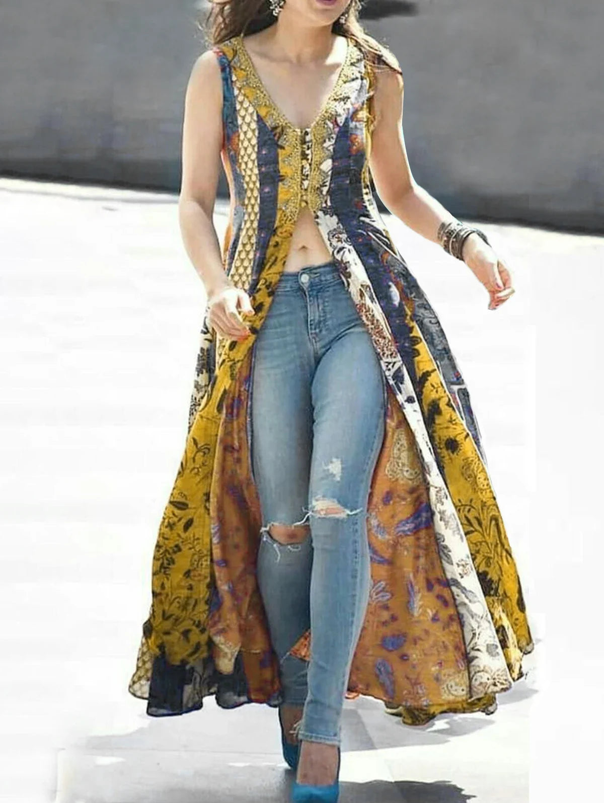 Tank Dress Floral Printing Split Indie Folk Vintage Sleeveless Casual High Street Retro V-Neck Long Dress