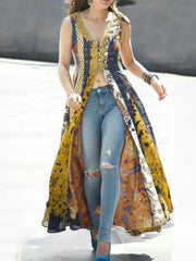 Tank Dress Floral Printing Split Indie Folk Vintage Sleeveless Casual High Street Retro V-Neck Long Dress