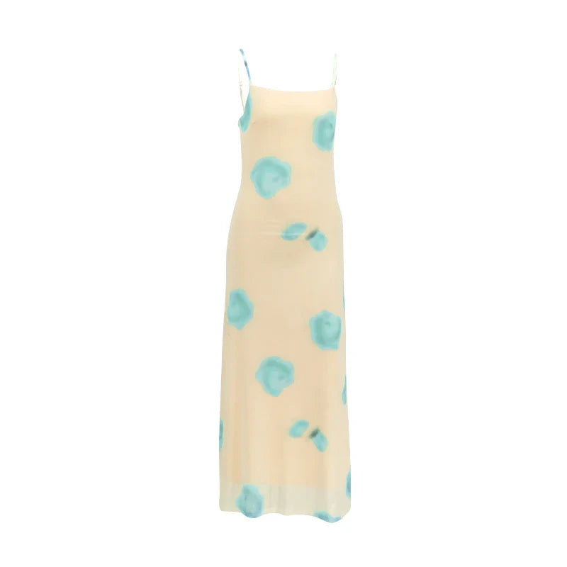 Dress Streetwear Strap Sleeveless Blue Print Dresses Casual Slim Club Party Elegant Dresses Female