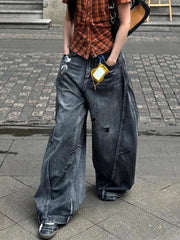 American Street Hip Hop Black Wash Machete Jeans Y2K Retro Old Ripped Loose Spice Girls Harajuku Casual Wide Leg Jeans