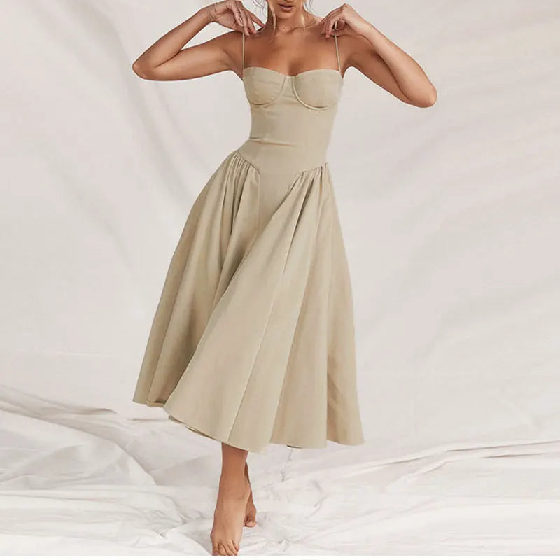 Elegant Sleeveless Backless Pleated Dresses Lady Solid Sling Midi Dress Party Evening A-line Robes