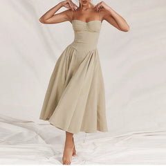 Elegant Sleeveless Backless Pleated Dresses Lady Solid Sling Midi Dress Party Evening A-line Robes