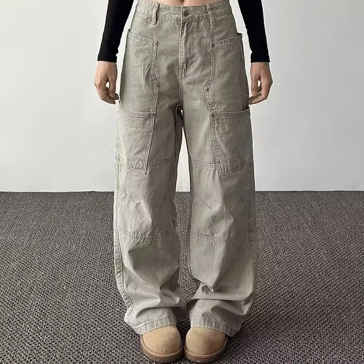 American Retro High Street Pocket Design Jeans Loose Casual Straight Leg Vibe Wide Leg Floor-Length Trendy Pants