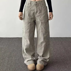 American Retro High Street Pocket Design Jeans Loose Casual Straight Leg Vibe Wide Leg Floor-Length Trendy Pants