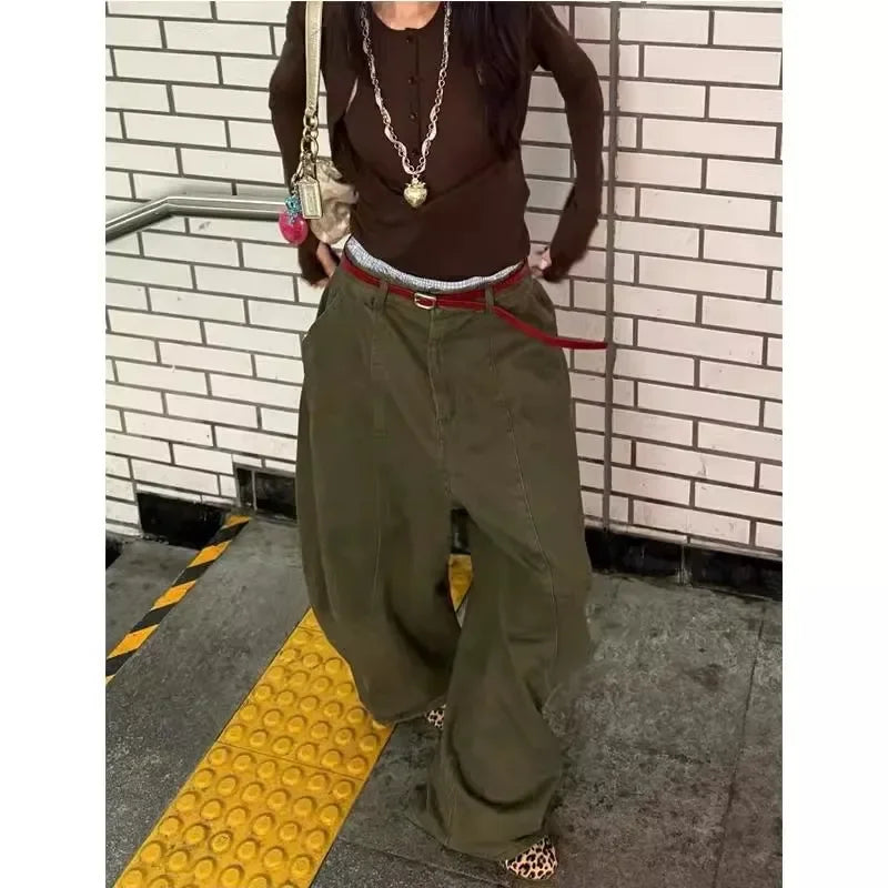 Loose Knife Edge High Waist Straight Leg Denim Jeans American Retro Silhouette Long Trousers