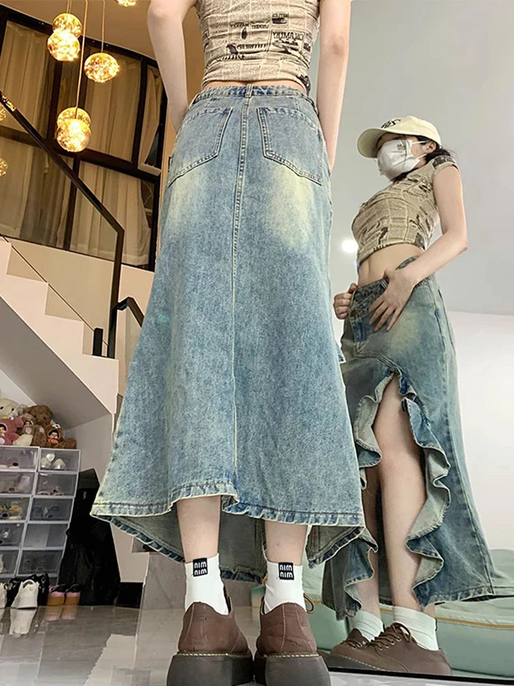 Mermaid Skirt Clothes Blue Skirt Harajuku Korean Girl Casual Chic Vintage A-Line Denim Skirt Split Hem Coquette