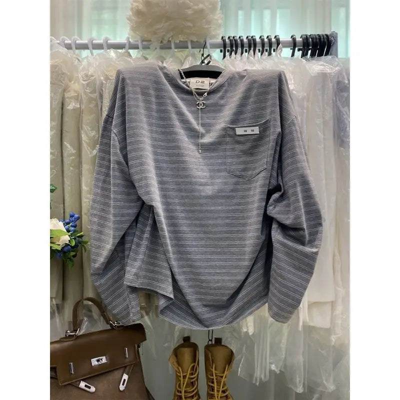Loose Long Sleeve Striped T-Shirtable Retro Korean Style Casual Top Thin Medium Length Lazy Style T-Shirt