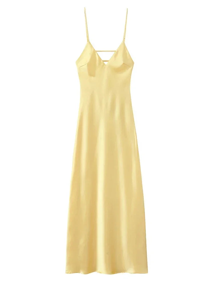 Yellow Elegant Stain Sling Dress Backless Sleeveless V Neck High Waist Evening Gown Chic Lady Partywear