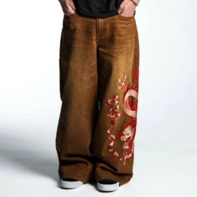 Brown Baggy Harajuku Wide Leg Jeans Dragon