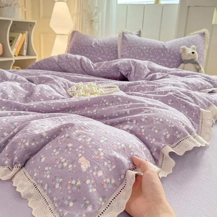 hollow lace wrinkled cotton four-piece set household student dormitory three-piece set bed sheet quilt cover