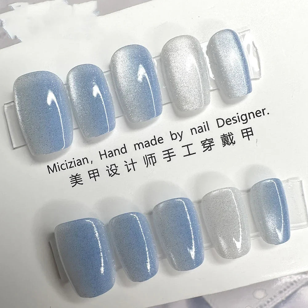 10Pcs Wearable Cat Eyes Series Short Square Press On Nails Kawaii Cartoon Cat Rabbit Rhinestone Gradients Full Cover False Nails