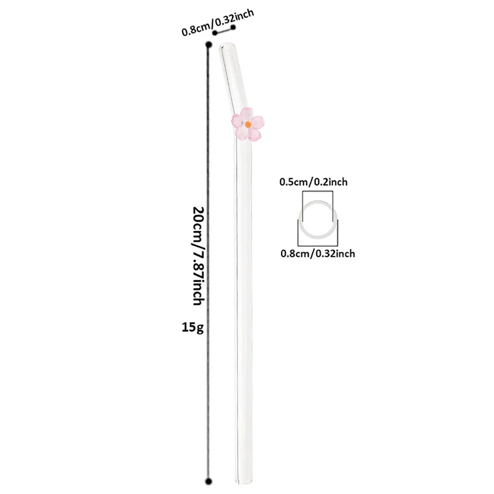 5Pcs 8mm Glass Straw Reusable Drinking Straws Cute Flower Heat-Resistant Straw